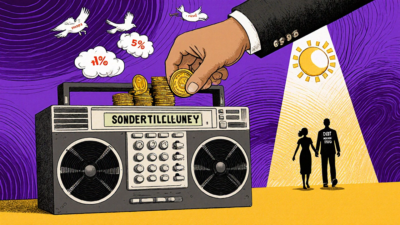 Annuitäten-Rechner als Boombox, Sondertilgung wird zu Vögeln, die Schulden tragen