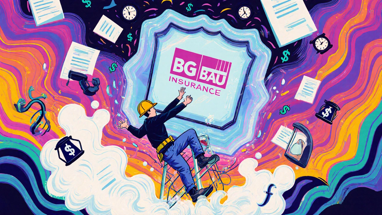 Ein Arbeiter fällt von einer Leiter, wird aber von einem riesigen Versicherungsschild sanft aufgefangen.