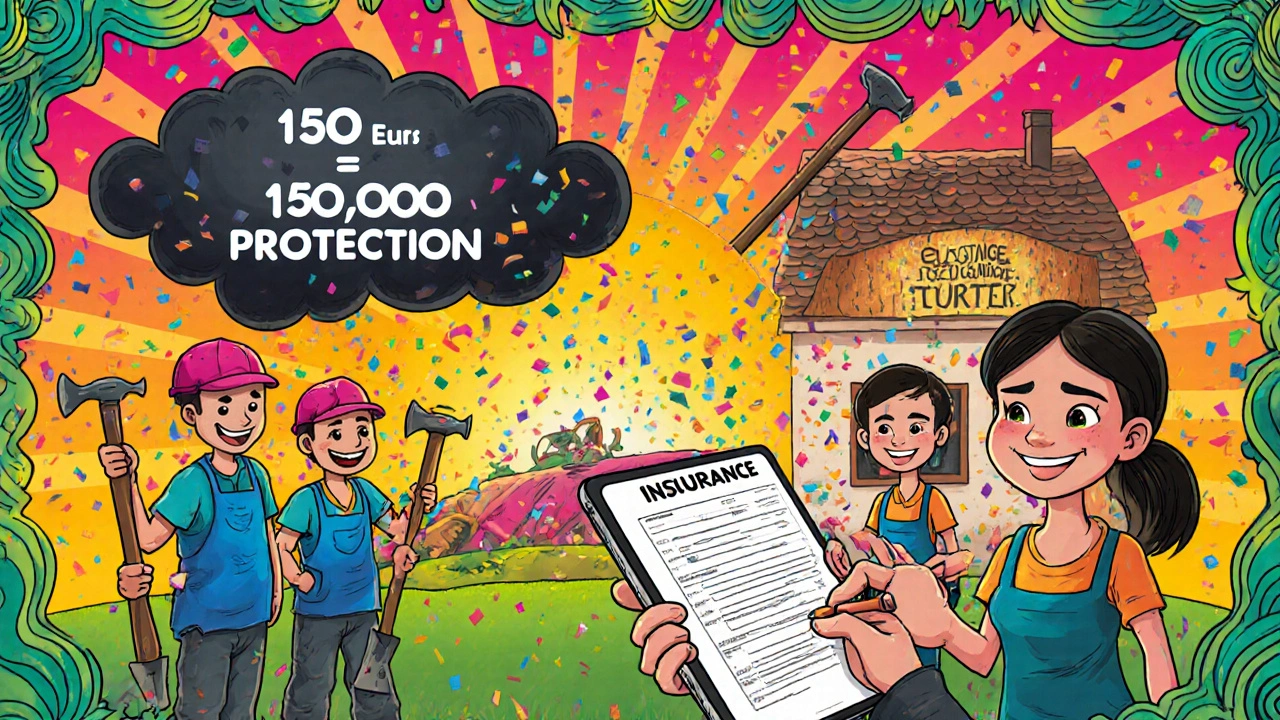 Ein Bauherr meldet Helfer online, während eine bedrohliche Wolke in Konfetti zerfällt und ein Schild &#039;150 Euro Schutz&#039; leuchtet.