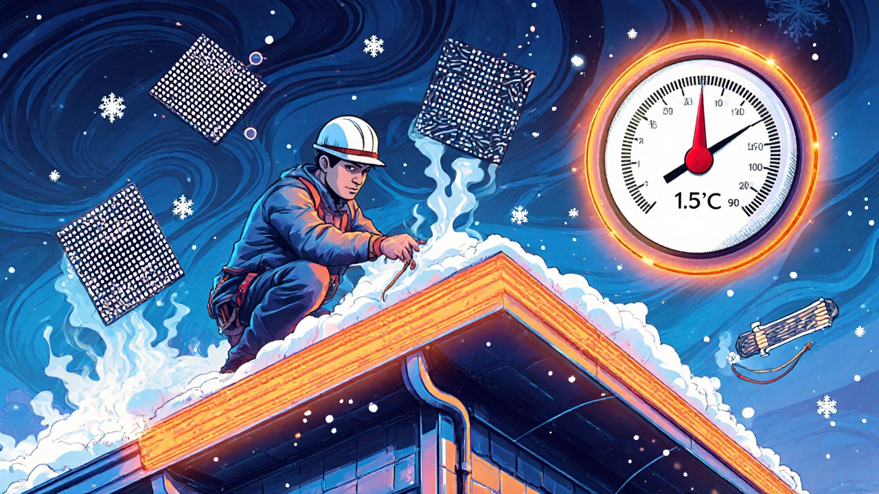 Ein Dachdecker installiert ein selbstregulierendes Heizband in einer Dachrinne, um Eisbildung zu verhindern.