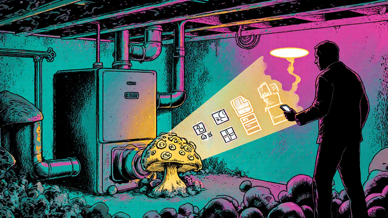 Ein Keller mit altem Kessel und rostigen Rohren, während eine digitale Checkliste schwebt.