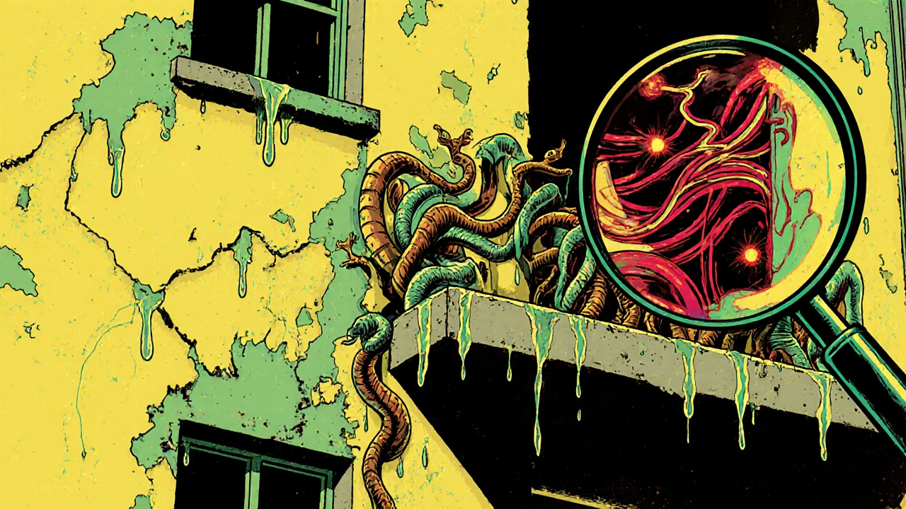 Eine Fassade mit abblätterndem Putz und versteckten Kabeln, die wie Neonröhren leuchten.