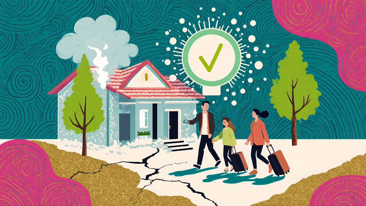 Familie verlässt das Haus nach Schimmelbefall, während eine professionelle Messung Gesundheit symbolisiert.