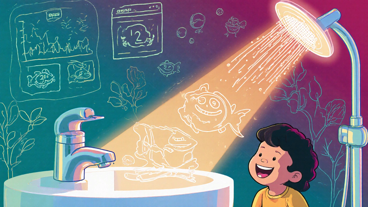 Intelligente Armatur zeigt Wasserverbrauch an, Kind unter sprühendem Duschkopf