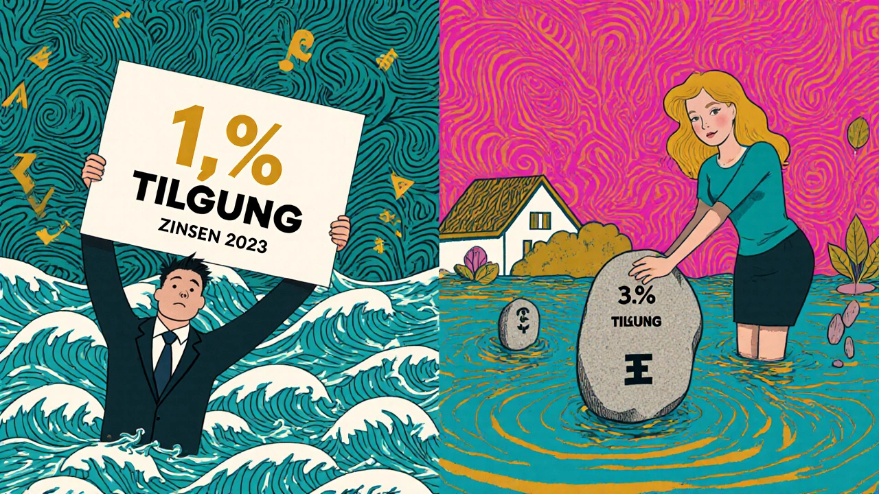 Mann ertrinkt in Zinsen, Frau legt Tilgungsstein in Fluss — finanzielle Entscheidung im Kontrast