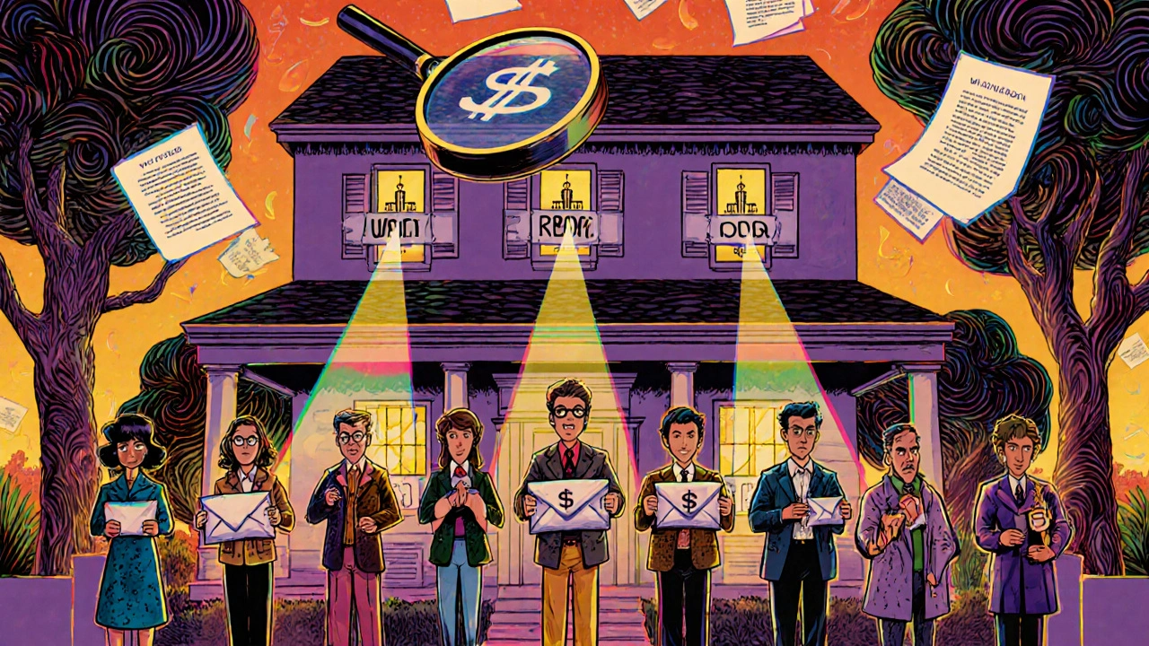 Angeklagte Käufer in bizarren 60er-Jahre-Kostümen mit verschlossenen Briefen vor einem Haus.