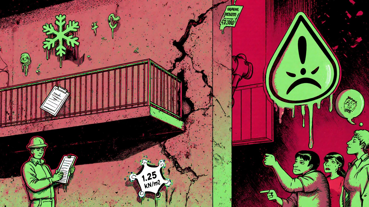 Detailansicht einer Wand mit Balkonkonstruktion, umgeben von Schneeflocken, Warnzeichen und zornigen Bewohnern in psychedelischem Stil.