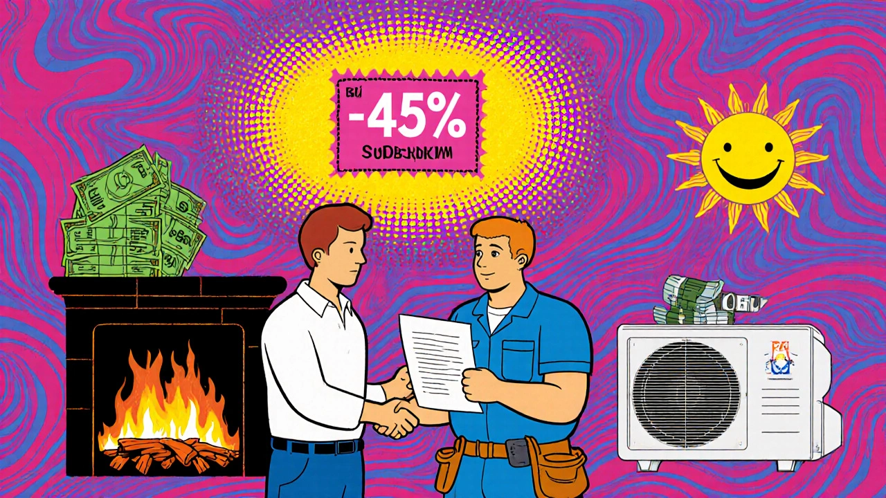 Ein Hausbesitzer erhält einen staatlichen Zuschuss von 45 %, während alte Heizkosten verbrennen und neue Einsparungen leuchten.