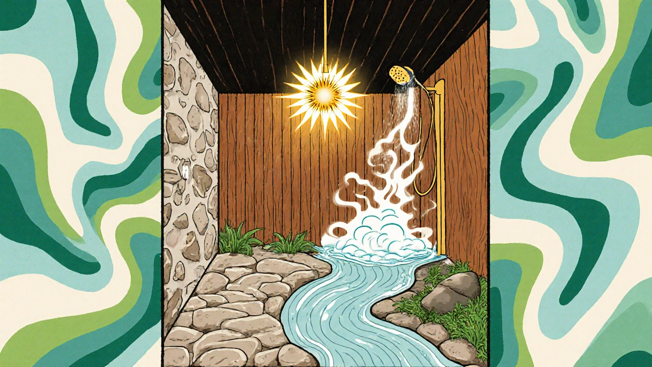 Ein kleines Badezimmer mit steinernem Boden, Holzwand und dampfender Dusche, in fließenden, psychedelischen Linien.