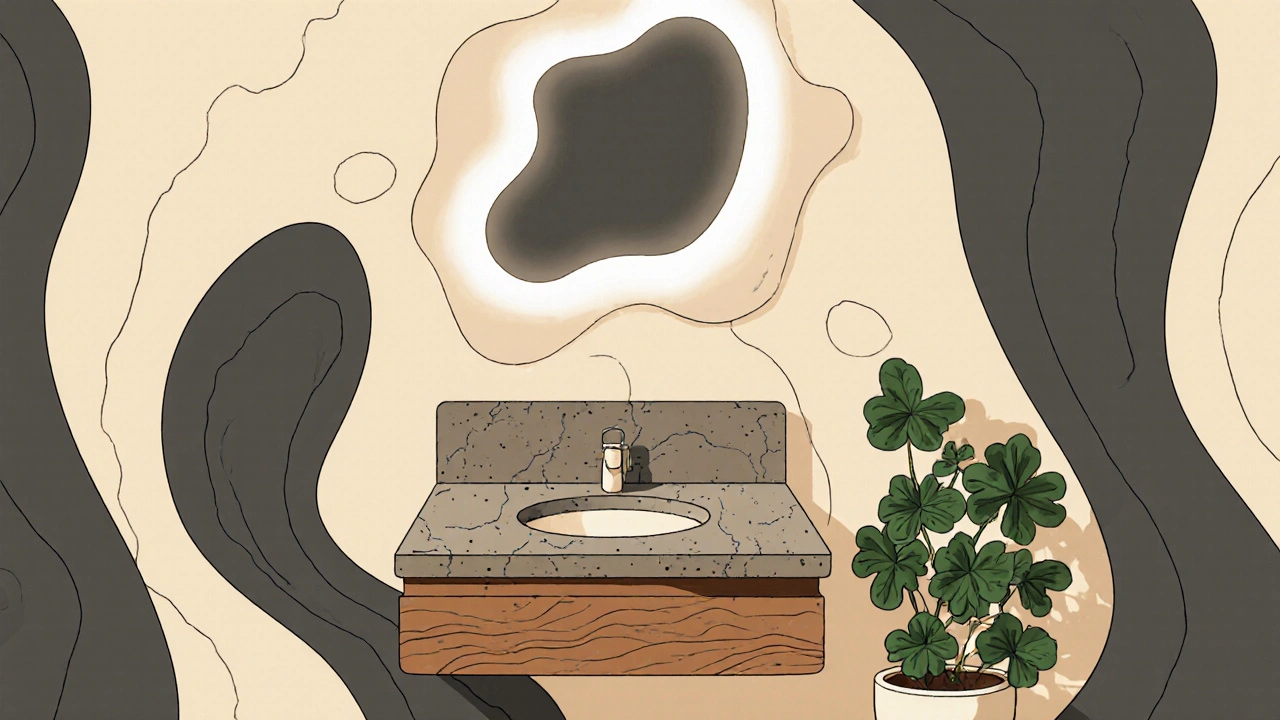 Ein minimalistisches Badezimmer mit holzoptischer Wand, Steinplatte und einer Pflanze im psychedelischen Stil.