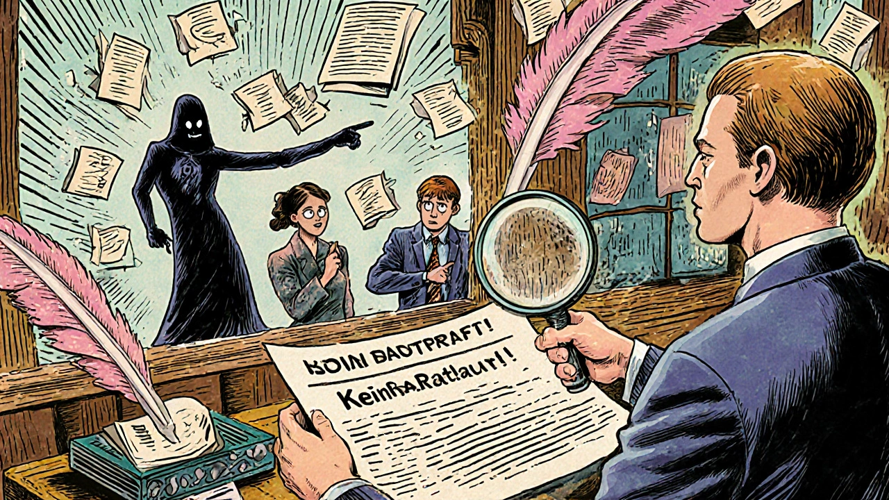 Ein Notar überwacht einen Vertragsverstoß in einer surrealen Amtsstube mit schwebenden Dokumenten.