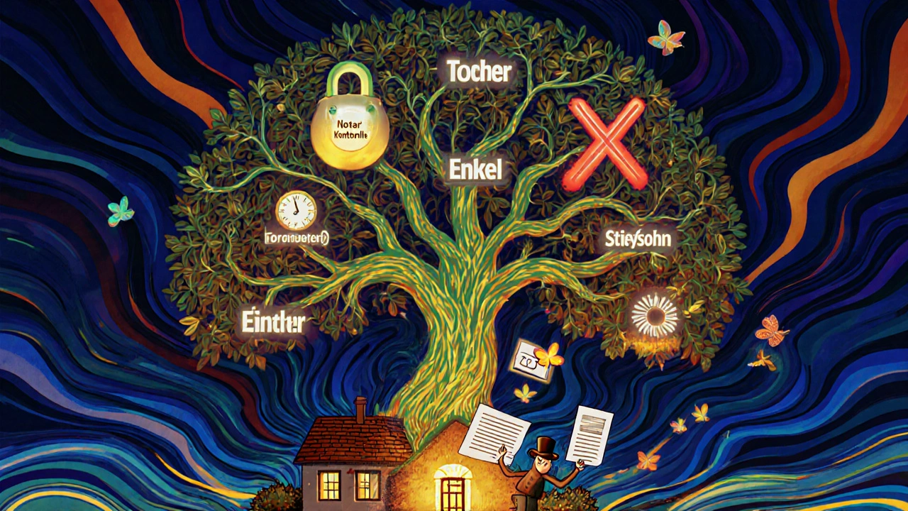 Eine familiale Baumstruktur mit kontrollierten und unterbrochenen Ästen, überwacht von einem Treuhänder.