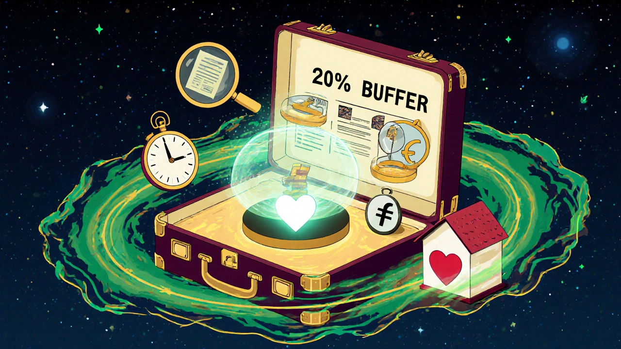 Eine schwebende Werkzeugkiste mit Steuern, Zeit und Geld für den Auslandsimmobilienkauf, umgeben von wellenförmigen Farben.