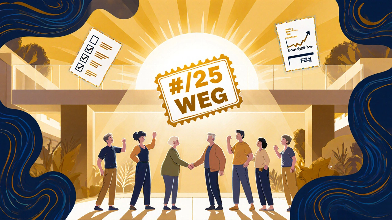 Glückliche Nachbarn feiern die Genehmigung eines Balkons, während digitale und rechtliche Symbole um sie herum schweben.