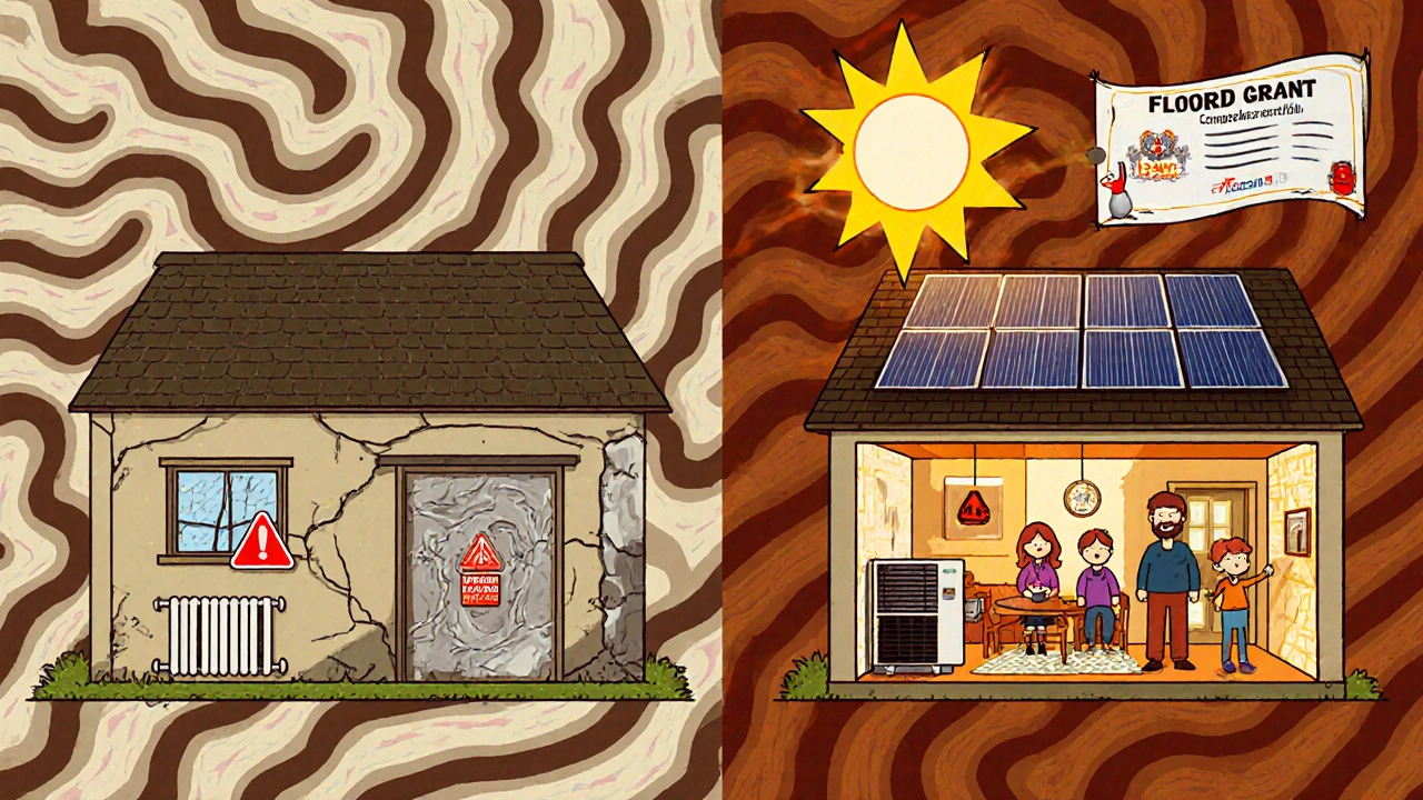 Vergleich einer schlecht gedämmten Wohnung mit einer modernen Wärmepumpen-Installation, unterstützt durch Solarenergie und Förderung.