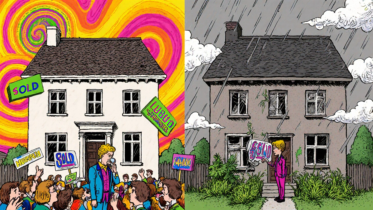 Zwei Käufer vor identischen Häusern: eines in München mit viel Interesse, eines in Leipzig mit wenig Aufmerksamkeit, umgeben von preis- und kostenbezogenen Symbolen.