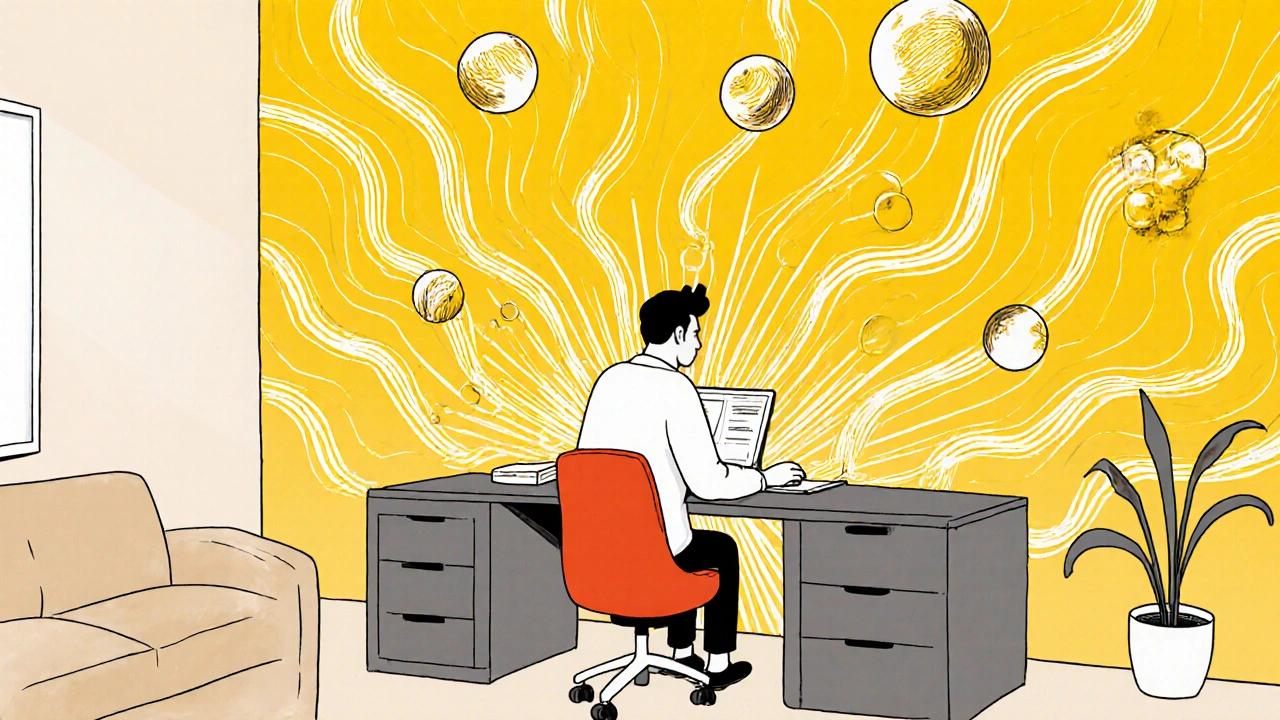 Arbeitszimmer mit einer gelben Akzentwand, neutrale Farben und kreative Energiewellen.