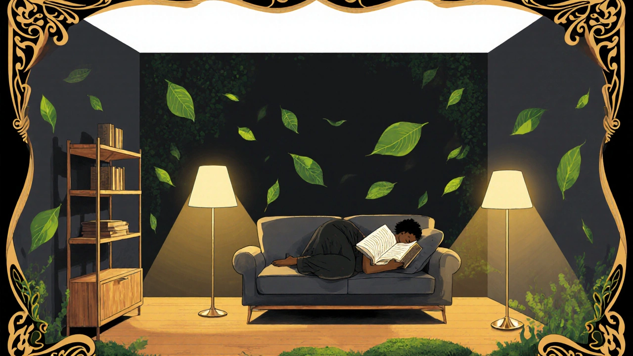 Dunkles Wohnzimmer mit warmem Licht, Holzakzenten und grünen Blättern für Beruhigung.