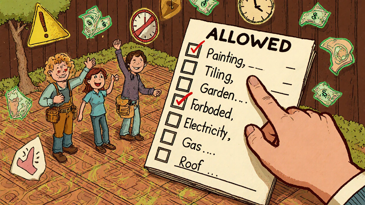 Eine Familie feiert DIY-Arbeiten wie Garten und Boden, während eine Liste die erlaubten und verbotenen Arbeiten zeigt.