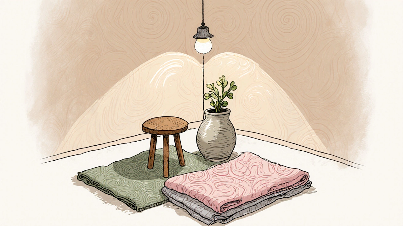 Eine gemütliche Ecke mit Holzhocker, Textilien in sanften Farben und warmem Licht, dargestellt in fließenden, wellenförmigen Linien.