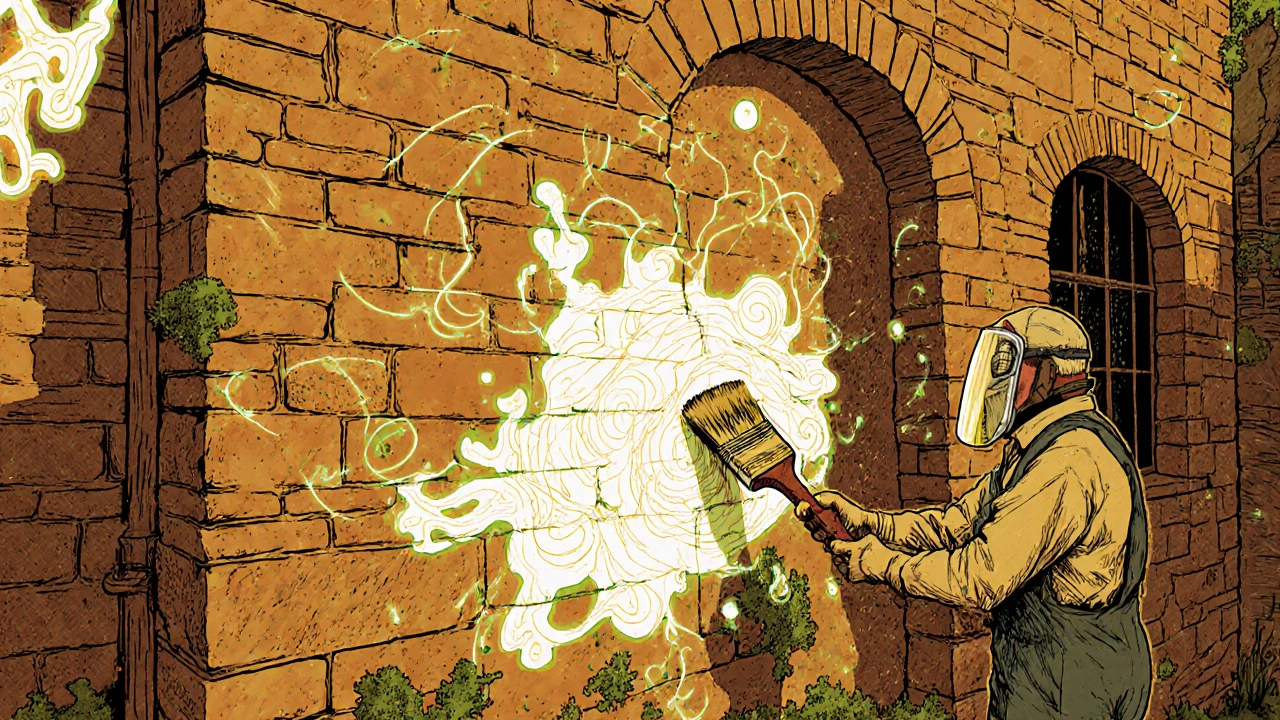 Historisches Steinhaus mit mineralischer Silikatfarbe, leuchtende chemische Bindungen zwischen Wand und Anstrich.