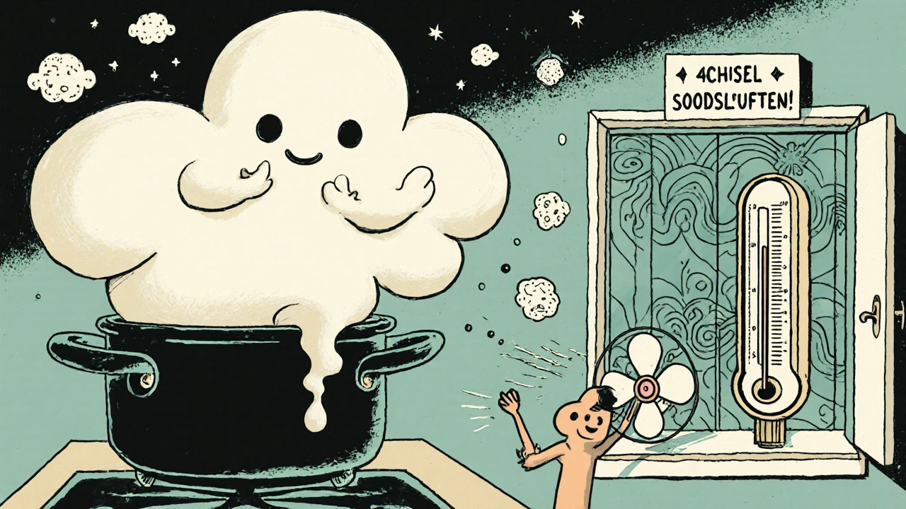 Küche mit dampfenden Kochtöpfen, riesige Schimmel-Sporen werden durch Lüften weggeblasen, Hygrometer zeigt hohe Feuchtigkeit.