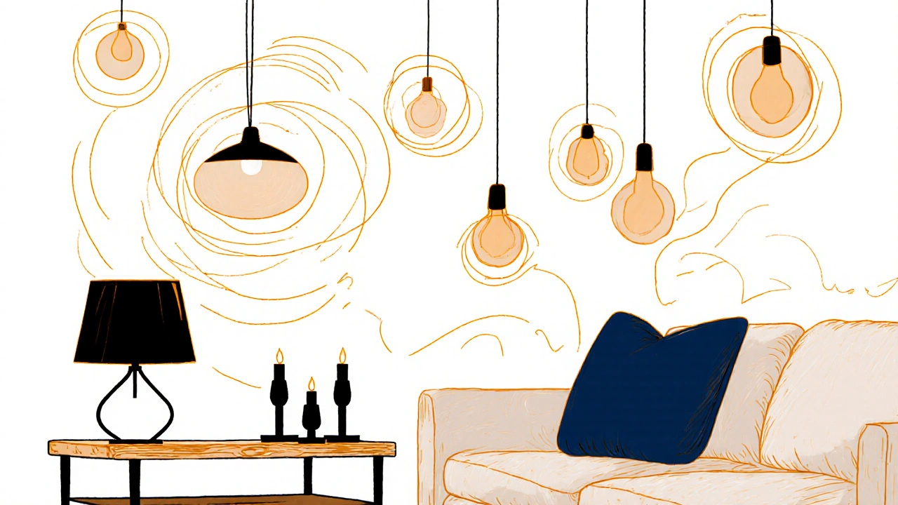 Sieben warme Lichtquellen in einem skandinavischen Raum, mit dunklen Akzenten und fließenden Mustern, die Ruhe und Balance symbolisieren.