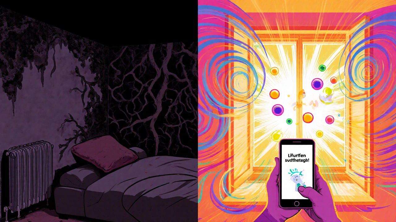 Vergleich: Schimmel an kalter Wand vs. warmes, gut gelüftetes Zimmer mit bunter Luftströmung.