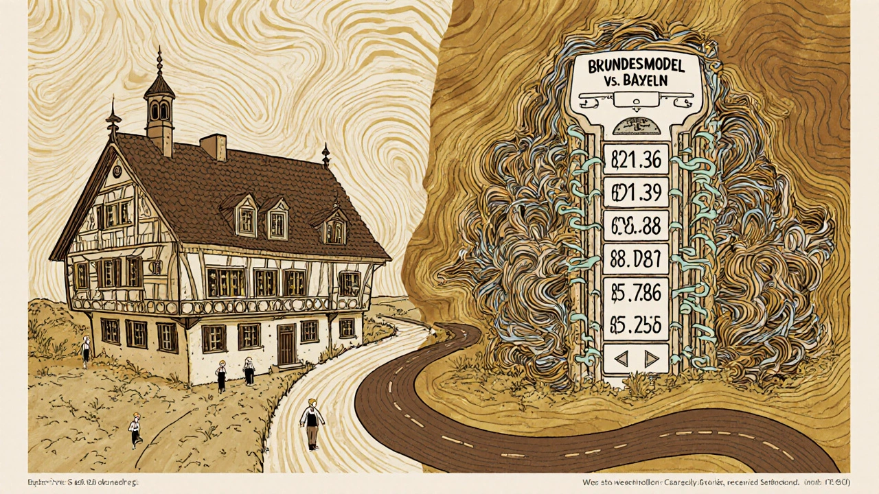 Vergleich zwischen Bayerns Flächenmodell und dem Bundesmodell mit steigenden Zahlen und Hausformen.