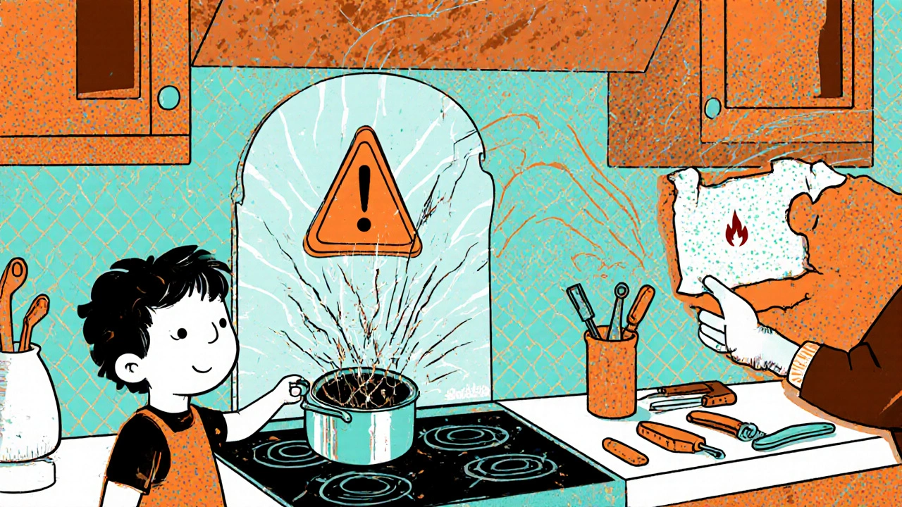 Acrylglas-Rückwand mit Kratzspuren, ein Topf fällt herab, Hitze wellt die Oberfläche, DIY-Werkzeuge liegen daneben.