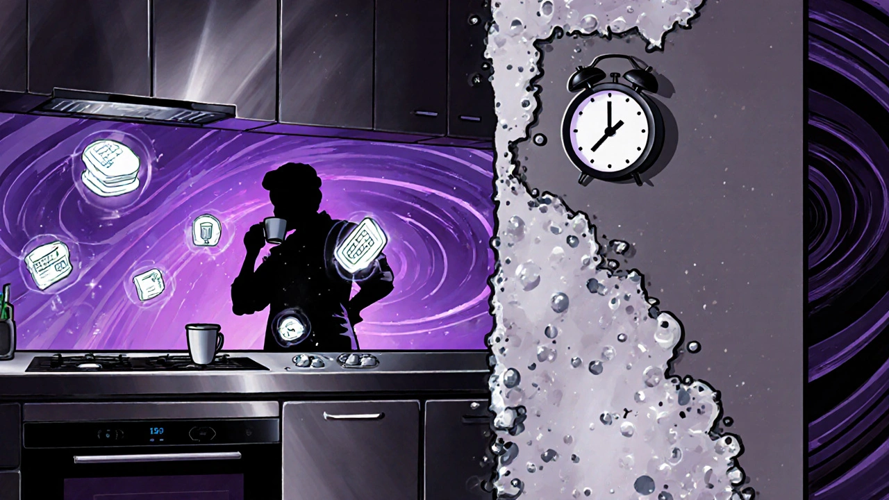 Aluminium-Rückwand mit holographischen Steuerungselementen, PVC-Folie bläht sich ab, moderne Küche im Psychedelic-Stil.