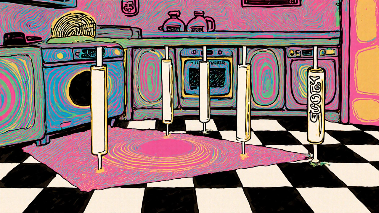 Barrierefreie Küchenplanung mit gedrehtem Bewegungsraum und freier Beinfreiheit in psychedelischem Stil.