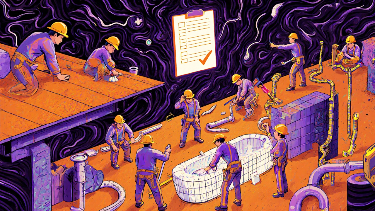 Bunte Baustelle mit mehreren Gewerken, die in perfekter Reihenfolge arbeiten, umgeben von schwebenden Werkzeugen