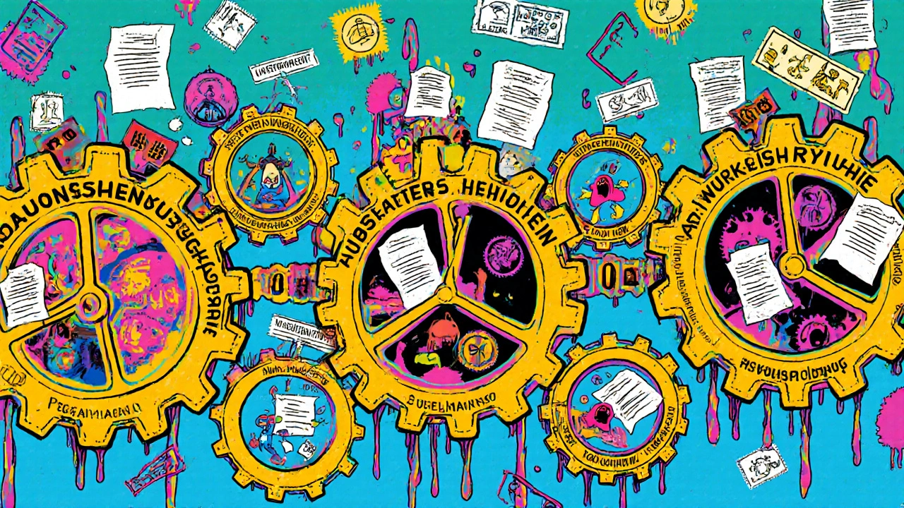 Bunte, sich drehende Zahnräder des Bebauungsplanverfahrens mit Behördenstempeln und planenden Mitarbeitern.