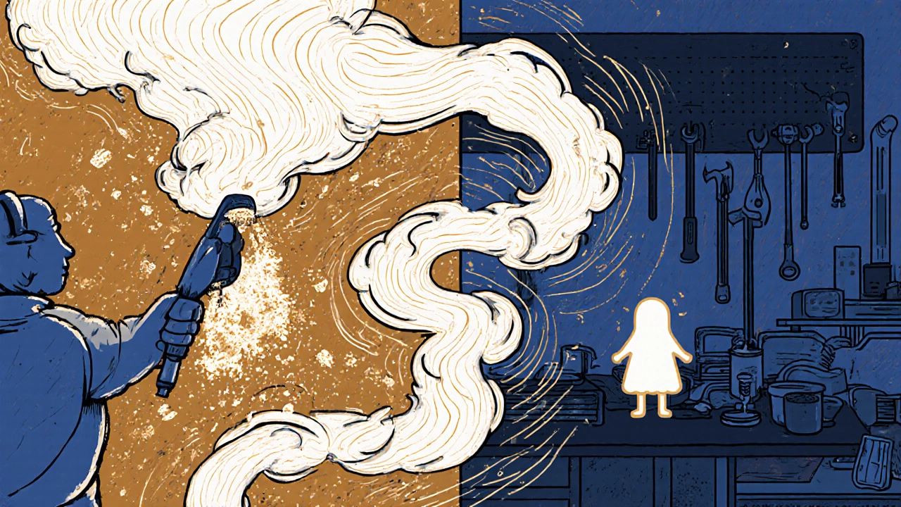 Dampfstrahl löst Vinyltapete in goldenen Flakes auf, retro-futuristischer Heimwerker-Stil.