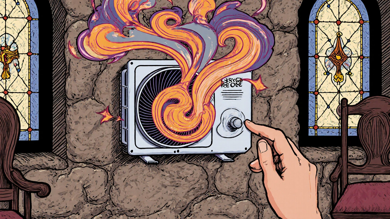 Diskrete Lüftungseinheit in einer alten Steinwand mit wirbelnden Luftströmen, die Wärme zurückgewinnen, ohne Kanäle oder Sichtbarkeit.