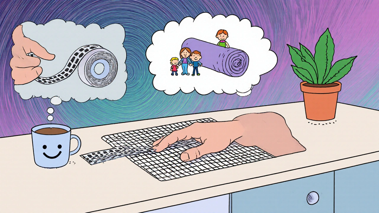 Doppelseitiges Klebeband wird im Schachbrettmuster auf den Boden gelegt, um einen Teppich temporär zu befestigen.