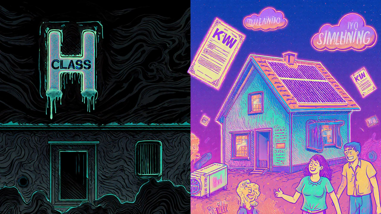 Ein altes Haus in Klasse H links, rechts dasselbe Haus mit Dämmung und Wärmepumpe, umgeben von Förderzertifikaten.