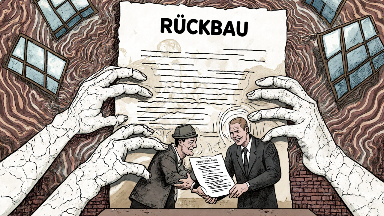 Ein Bauleiter wird von historischen Ziegelhänden weggezogen, während ein Denkmalpfleger eine Genehmigung übergibt.