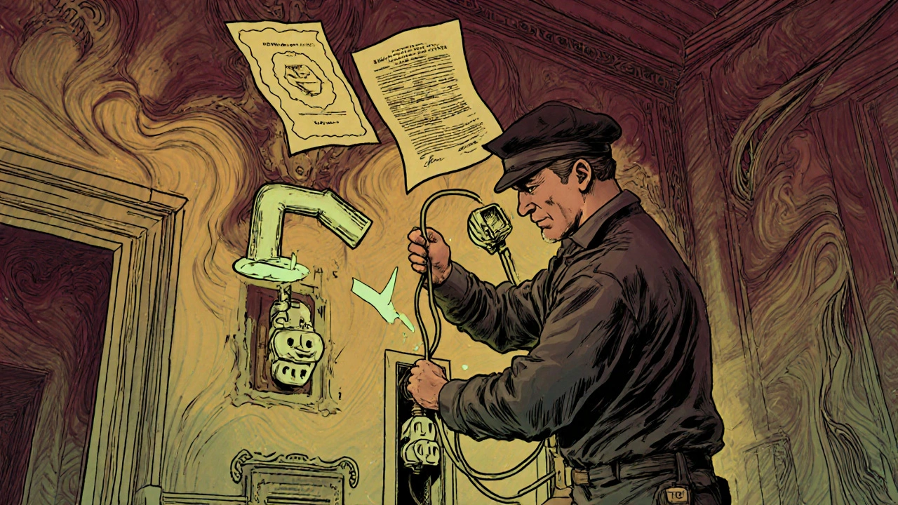 Ein Elektriker verlegt unsichtbare Kabel in einer historischen Wand, ohne die Originaloberflächen zu beschädigen.