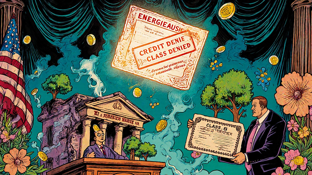 Ein Energieausweis als magisches Objekt vor Gericht, während ein Bankier einen Kredit verweigert und ein Haus in Klasse B blüht.