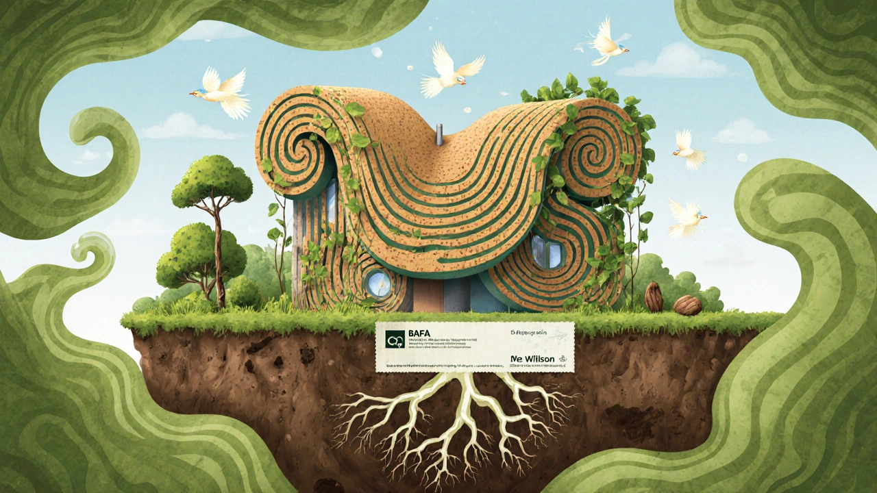 Ein Haus mit Holzfaser-Dämmung, die in Bäume verwandelt wird, umgeben von CO₂-Vögeln und natürlichen Mustern.