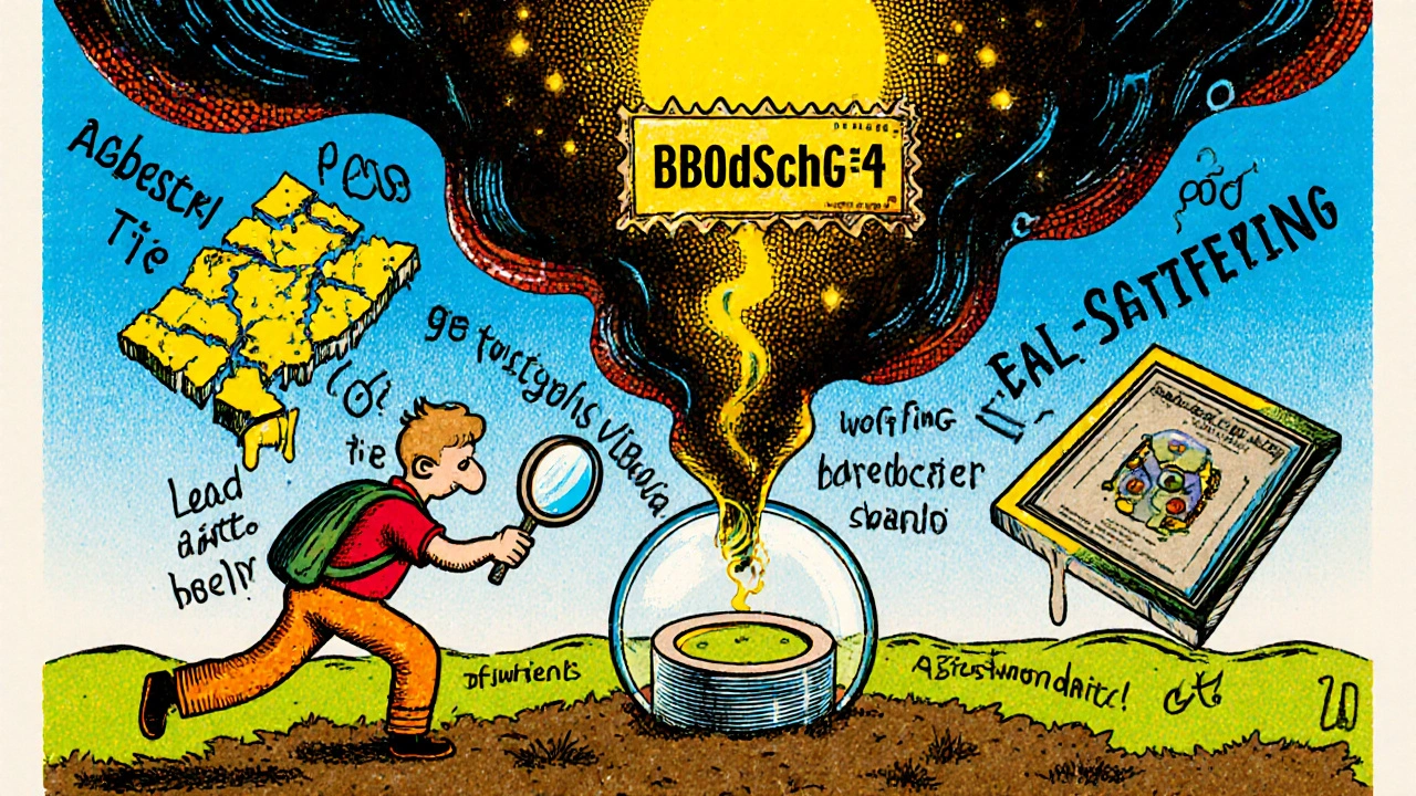 Ein Hausbesitzer untersucht Bodenproben, die sich in giftige Symbole verwandeln, umgeben von juristischen Symbolen in psychedelischem Stil.