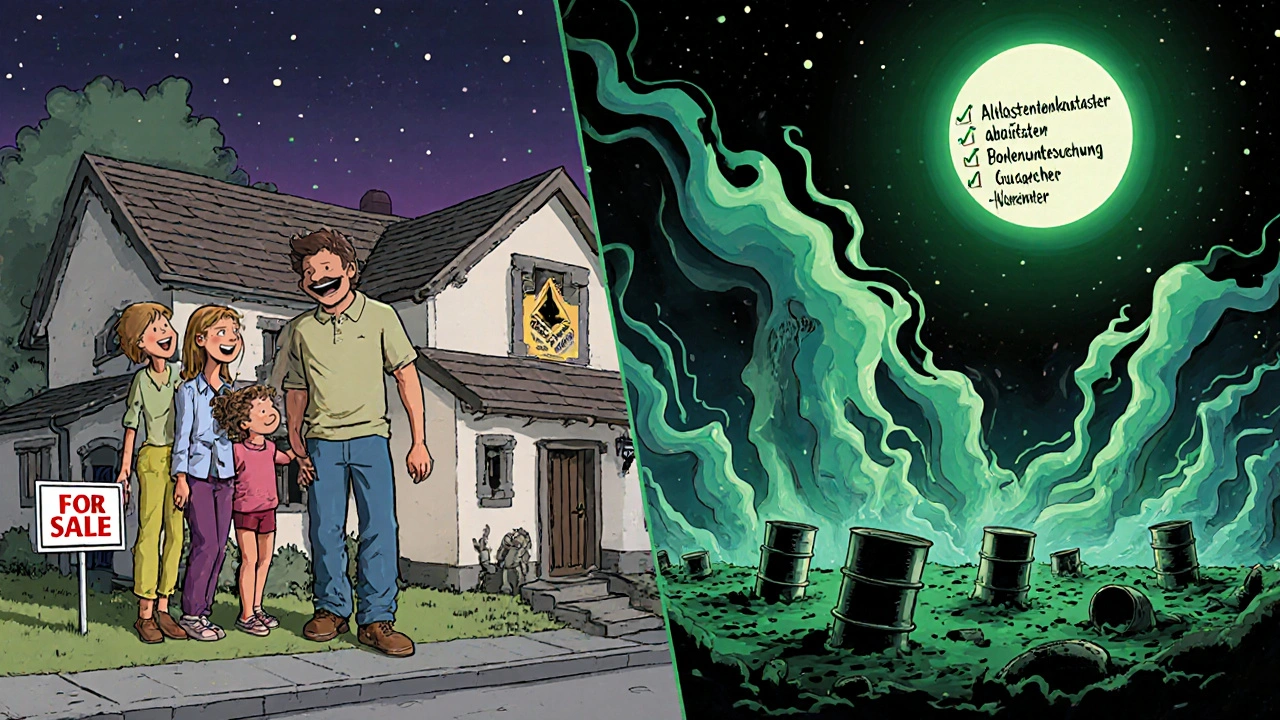 Ein Hauskauf wird zur düsteren Vision: rechts steigen vergrabene Industrieabfälle aus dem Boden, links eine Checkliste für Schadstoffprüfung.