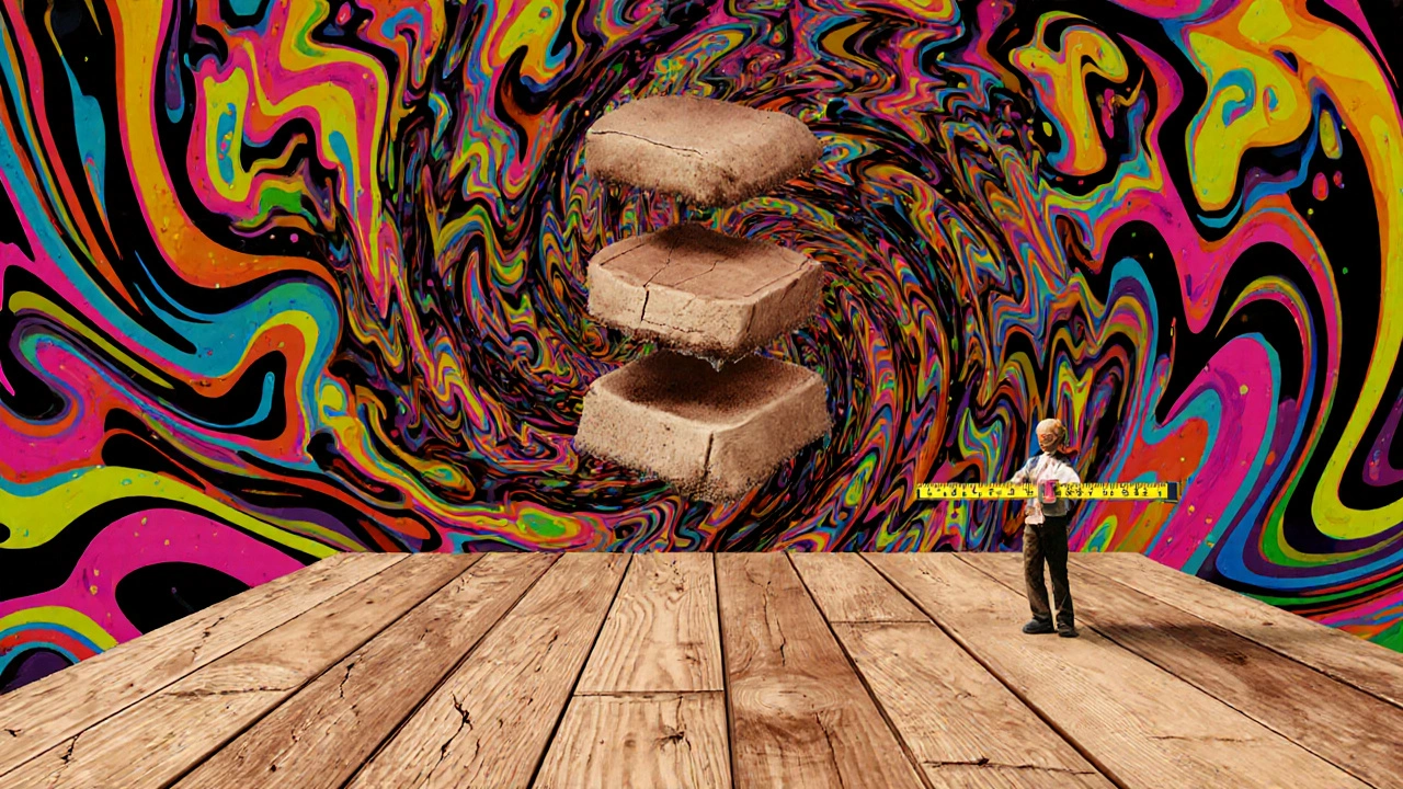 Ein Holzboden verwandelt sich durch drei Schleifstufen, dargestellt als wirbelnde, psychedelische Muster aus Schleifkörnung.