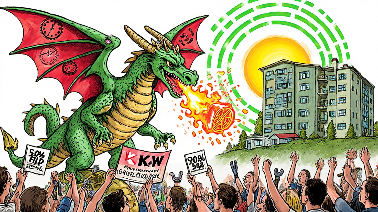 Ein hybrider Kredit-Drache mit Uhrflügeln und Grundschuld-Schwanz verwandelt ein altes Haus in ein grünes Zuhause.