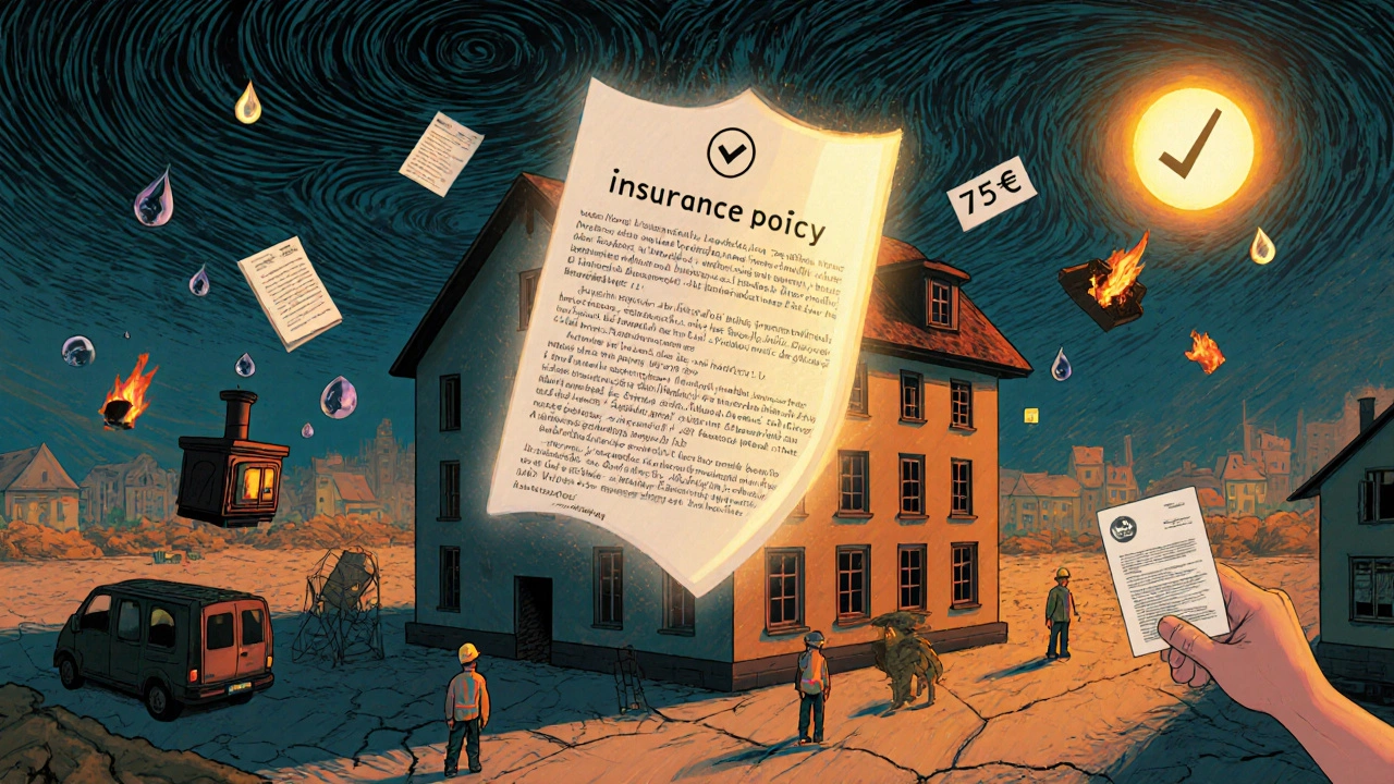 Ein schützendes Versicherungsschild schwebt über einem Altbau, während Schäden und Werkzeuge als Symbole umherdriften.