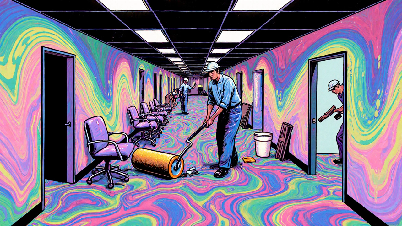 Ein Teppichboden ist vollflächig verklebt in einem Büroflur mit sichtbaren Wellen und Reinigungsarbeiten.