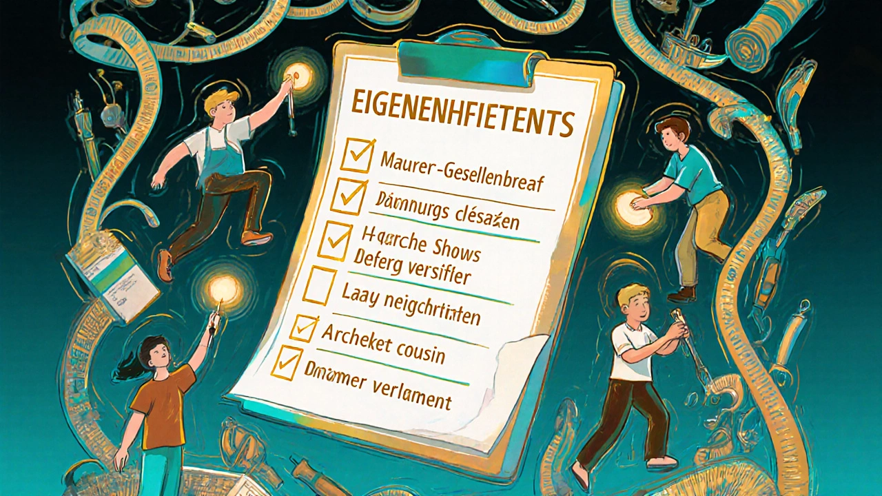 Eine bunte Checkliste für Eigenleistungen mit Helfern, die am Haus arbeiten, in psychedelischem Design.