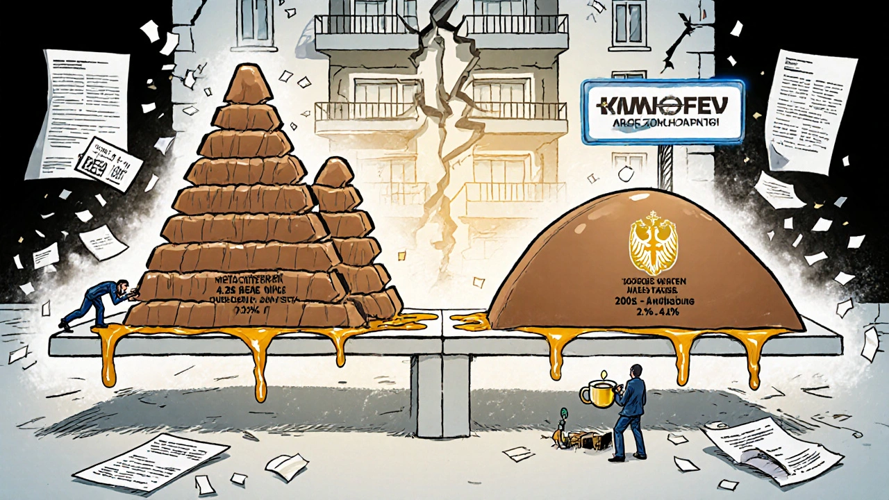 Eine bunte Tabelle aus zuckrigen Bergen zeigt den Unterschied zwischen hohen und niedrigen Zinsen bei Sanierungskrediten.